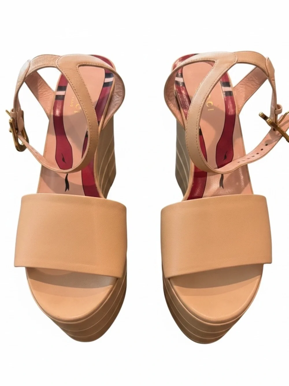 Gucci Cream Platform Ankle-Strap Wedge Sandals